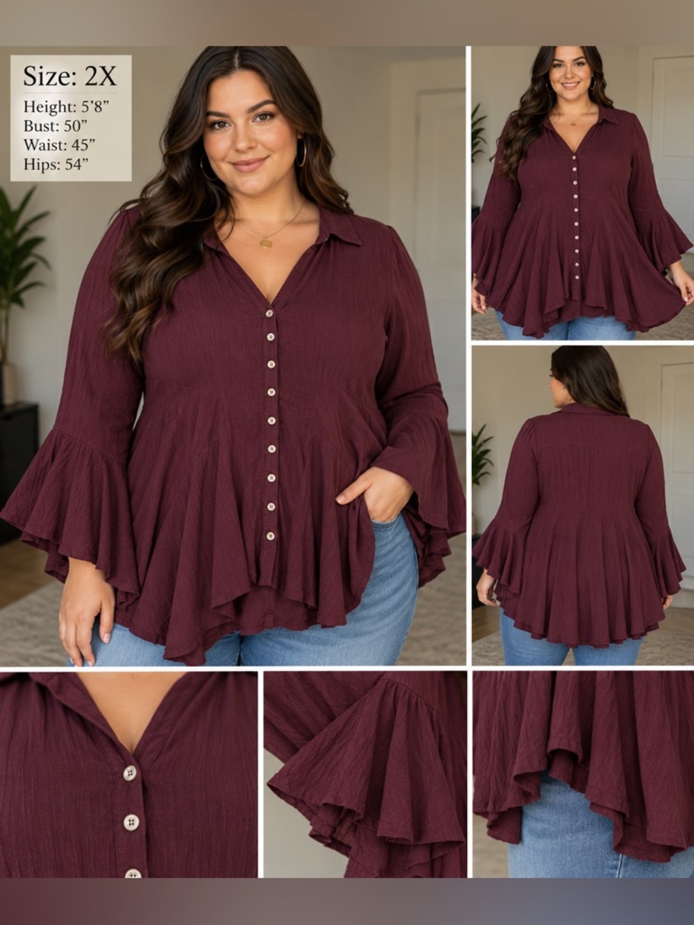 Torrid Plum Bell Sleeve Button-Down Tunic Top – Size 2X